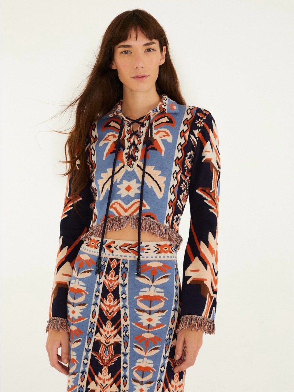 NWT Multicolor Farm Rion Tapestry Fringes Knit Top exclusive! Size XS.